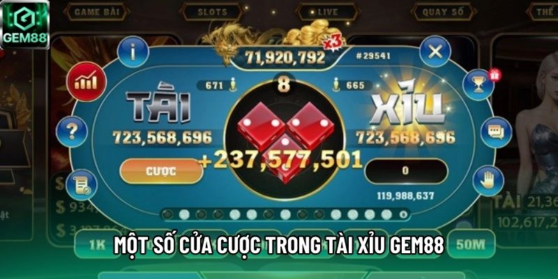 Một số cửa cược trong Tài Xỉu GEM88